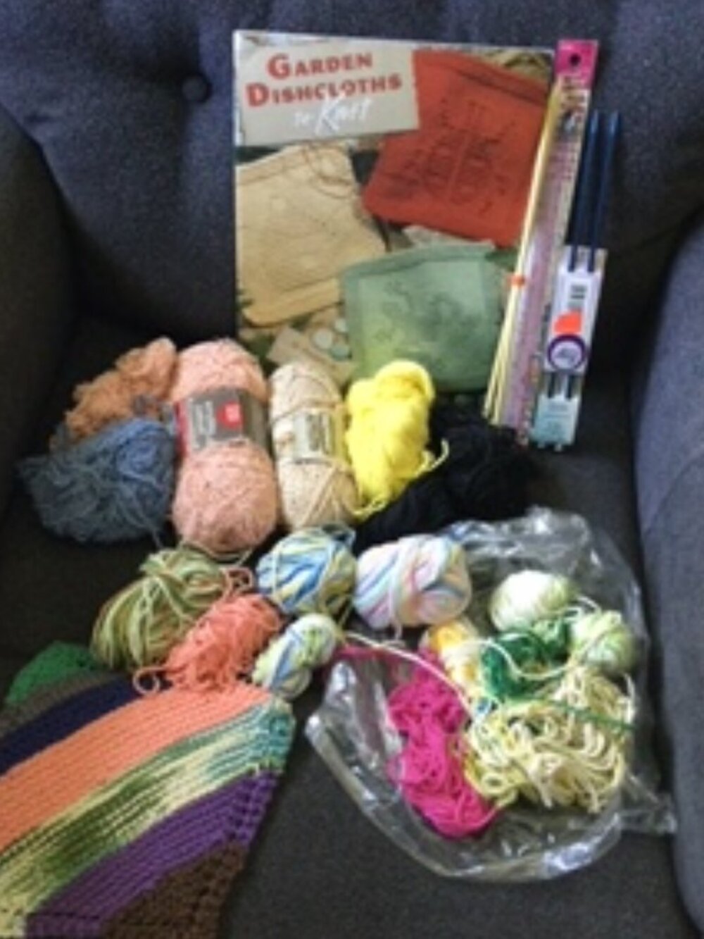Knitting project with sample dishcloth
